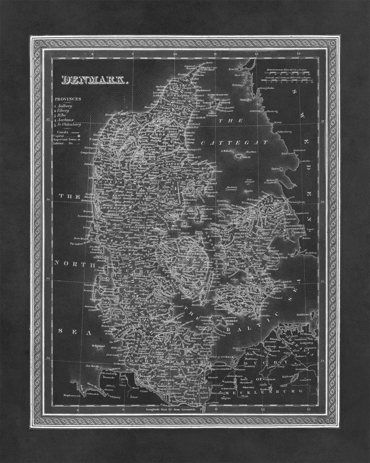 Vintage Denmark Map Print - Old World Atlas Circa 1849 Featuring Regions Cities and the Baltic Sea