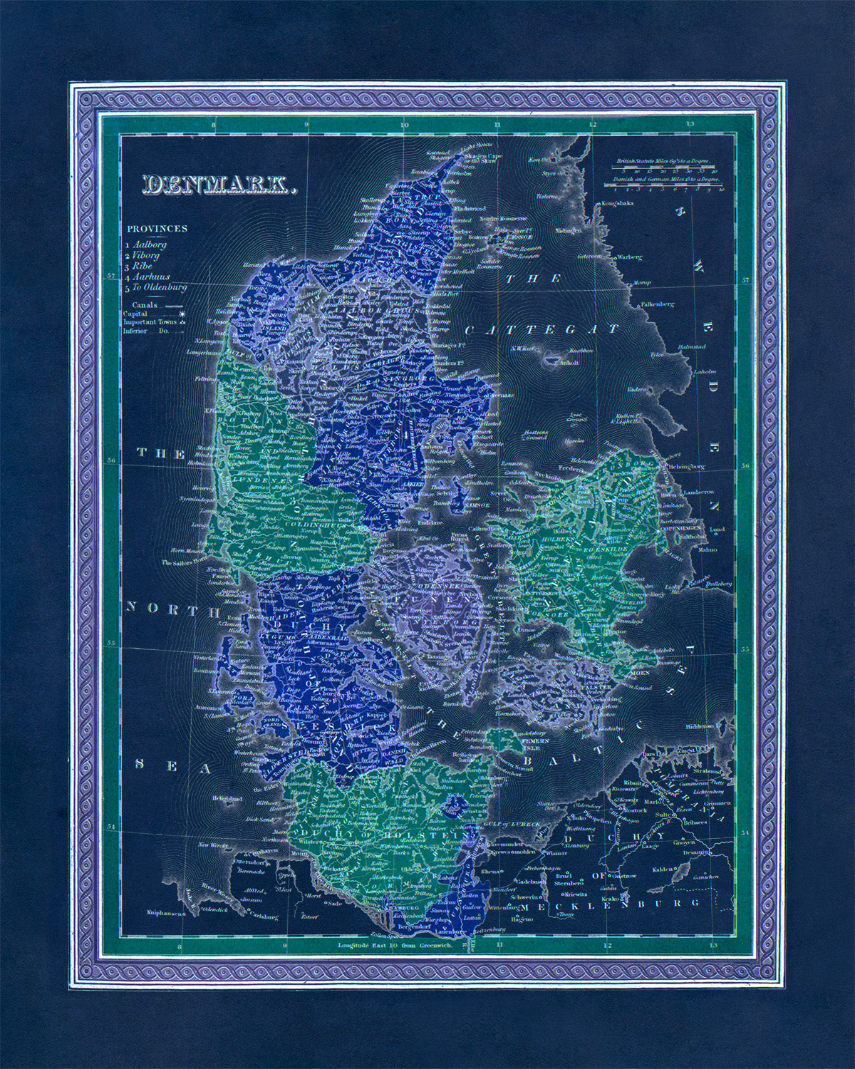 Vintage Denmark Map Print - Old World Atlas Circa 1849 Featuring Regions Cities and the Baltic Sea