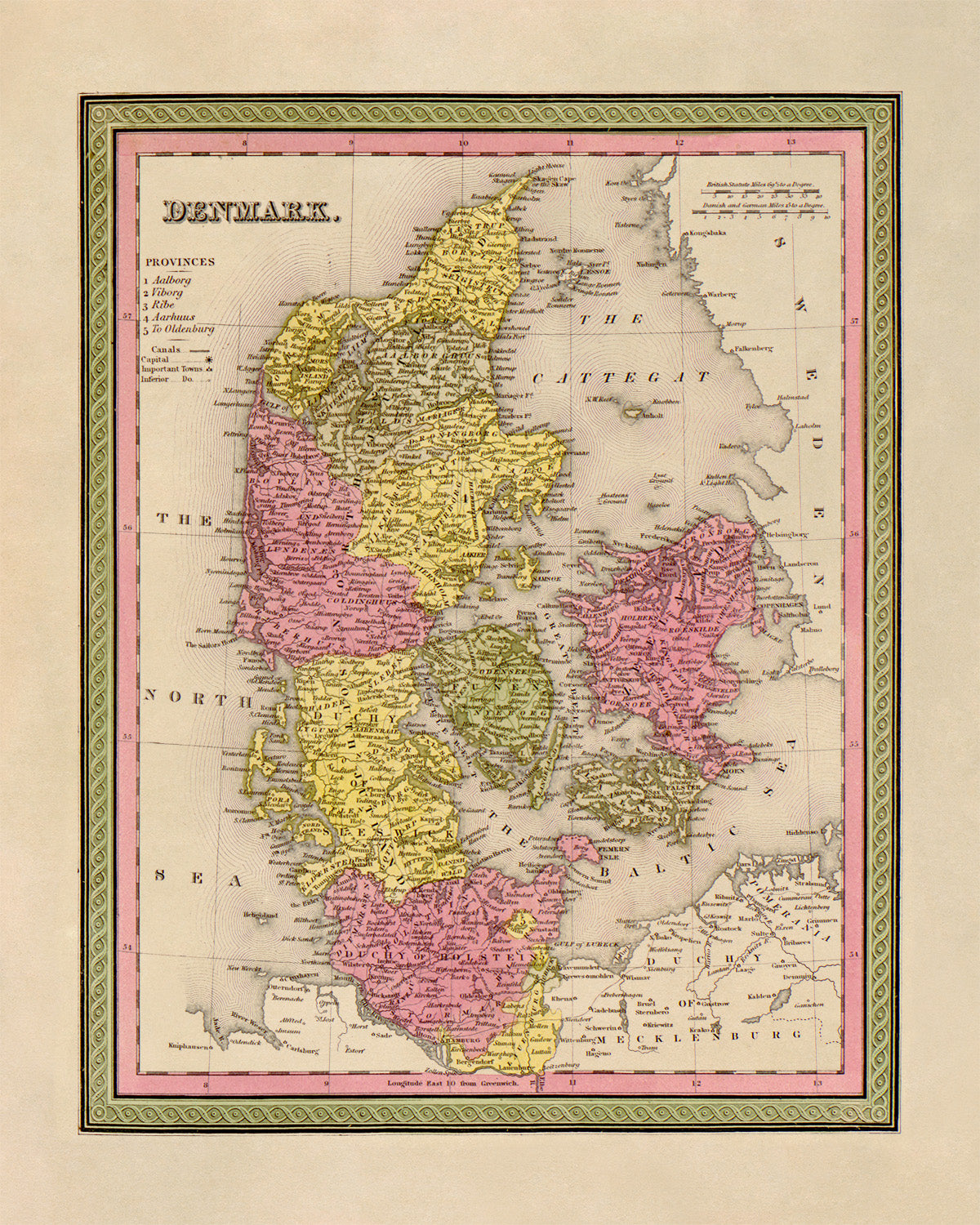 Vintage Denmark Map Print - Old World Atlas Circa 1849 Featuring Regions Cities and the Baltic Sea