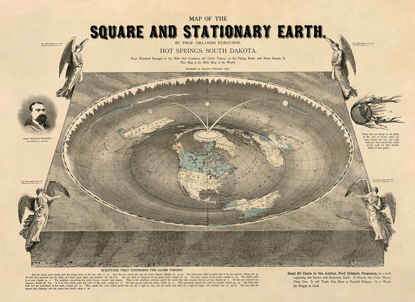 1893 Flat Earth Map Print - Square and Stationary Earth with Biblical References