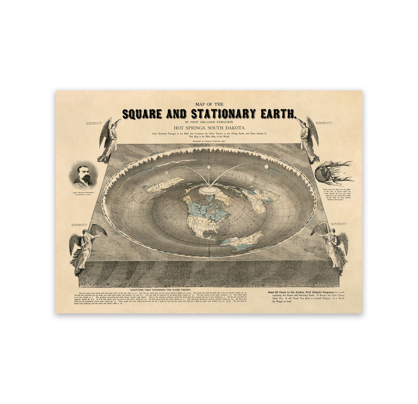 1893 Flat Earth Map Print - Square and Stationary Earth with Biblical References