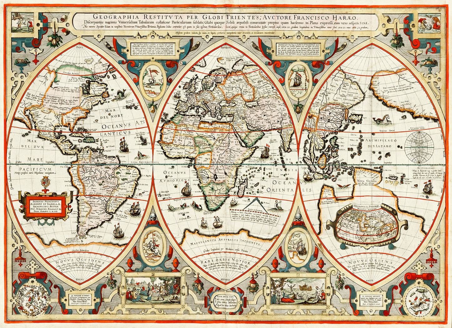 Antique 1618 Tryptic World Map Print - Geographica Restituta 17th Century Art on Archival Paper
