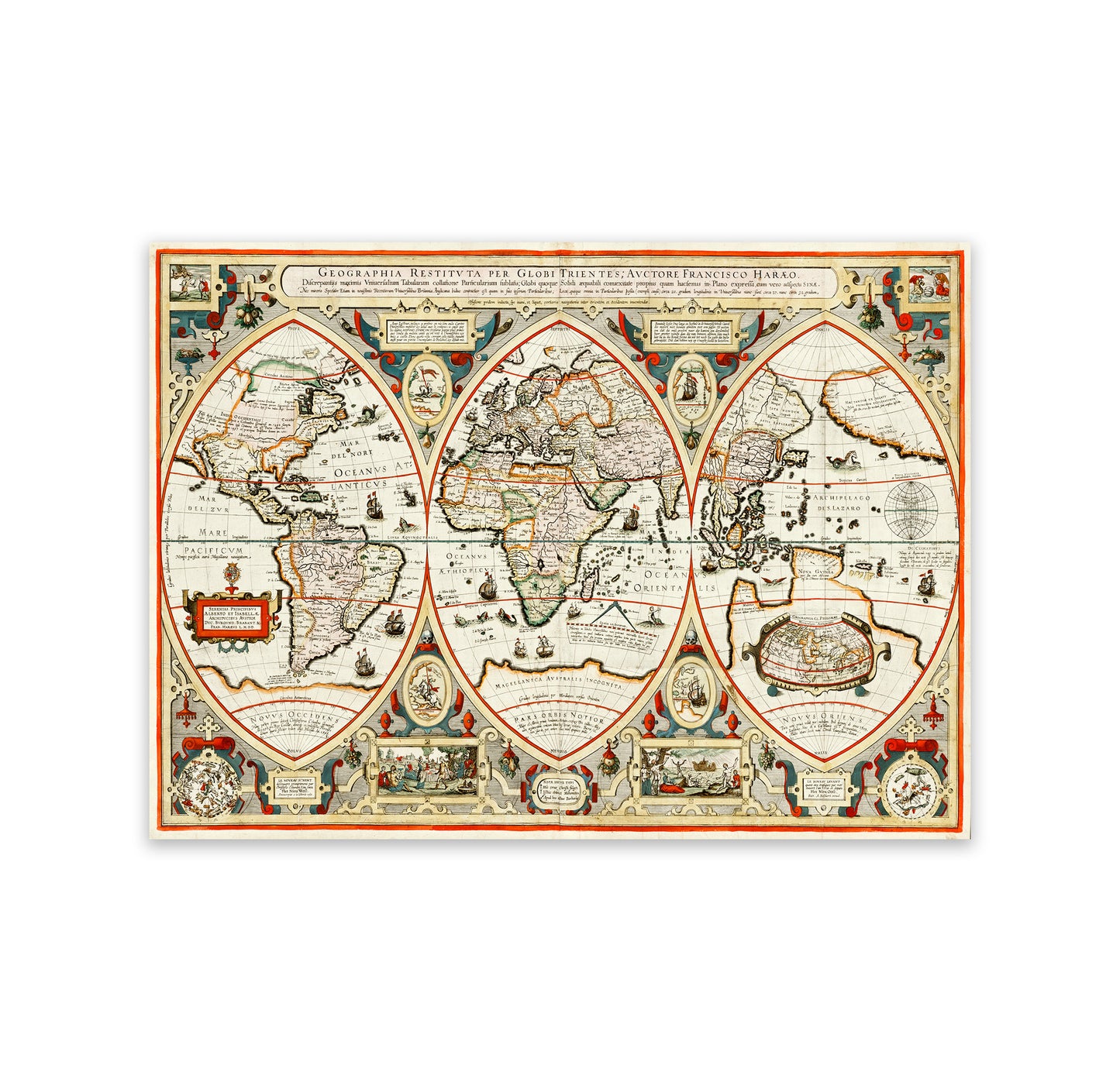 Antique 1618 Tryptic World Map Print - Geographica Restituta 17th Century Art on Archival Paper