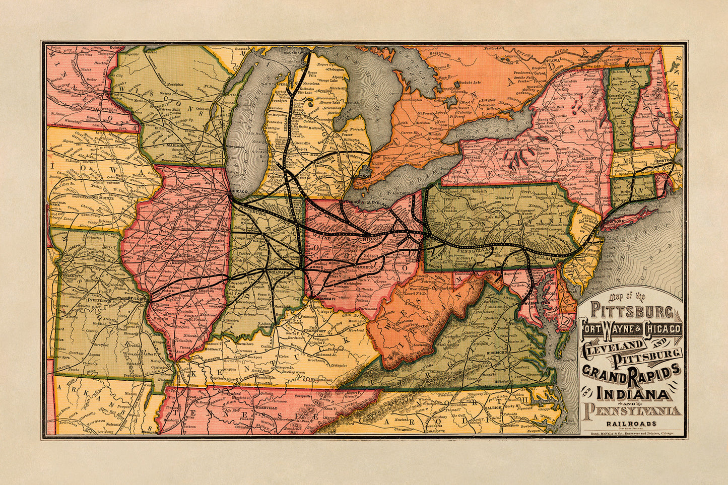1874 Northeast Railroad Map Print - Pittsburg Fort Wayne Chicago Cleveland and Pittsburg Grand Rapids and Indiana Systems