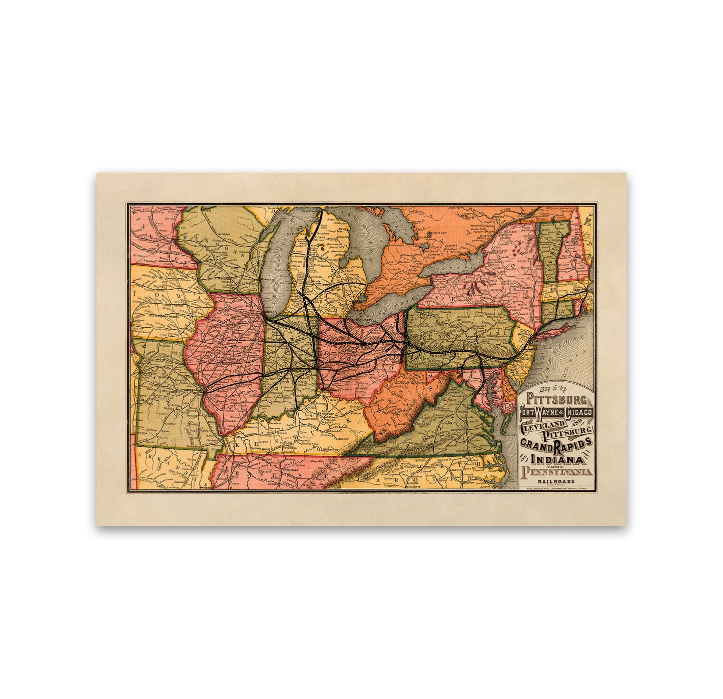 1874 Northeast Railroad Map Print - Pittsburg Fort Wayne Chicago Cleveland and Pittsburg Grand Rapids and Indiana Systems