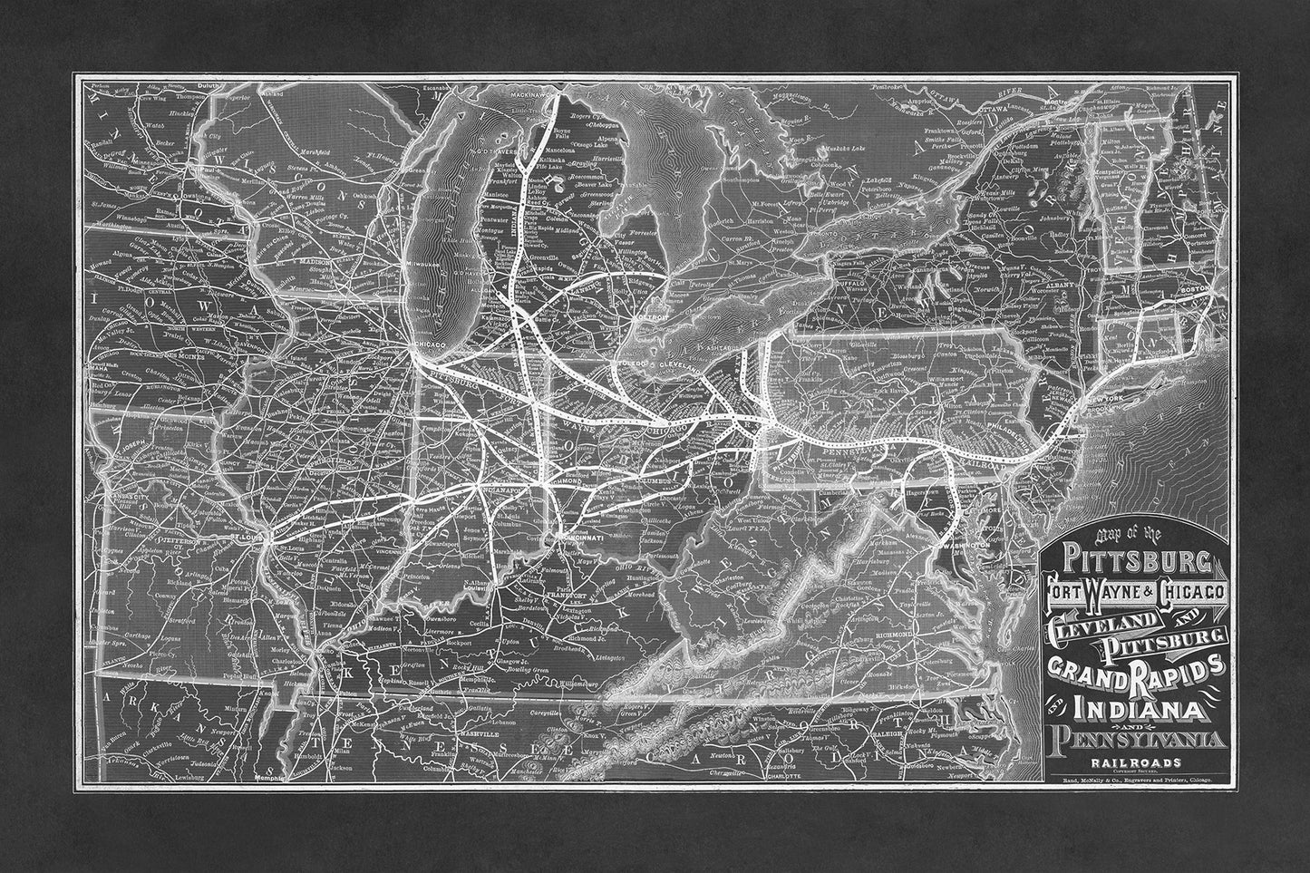 1874 Northeast Railroad Map Print - Pittsburg Fort Wayne Chicago Cleveland and Pittsburg Grand Rapids and Indiana Systems