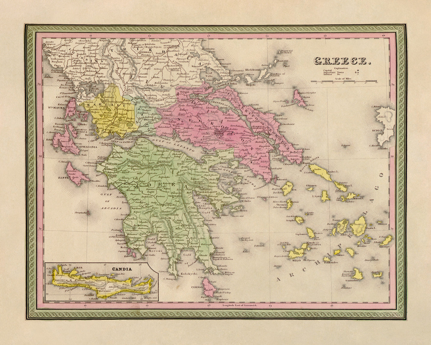 Vintage 1849 Greece Map Print - Old World Atlas with Regions and Cities