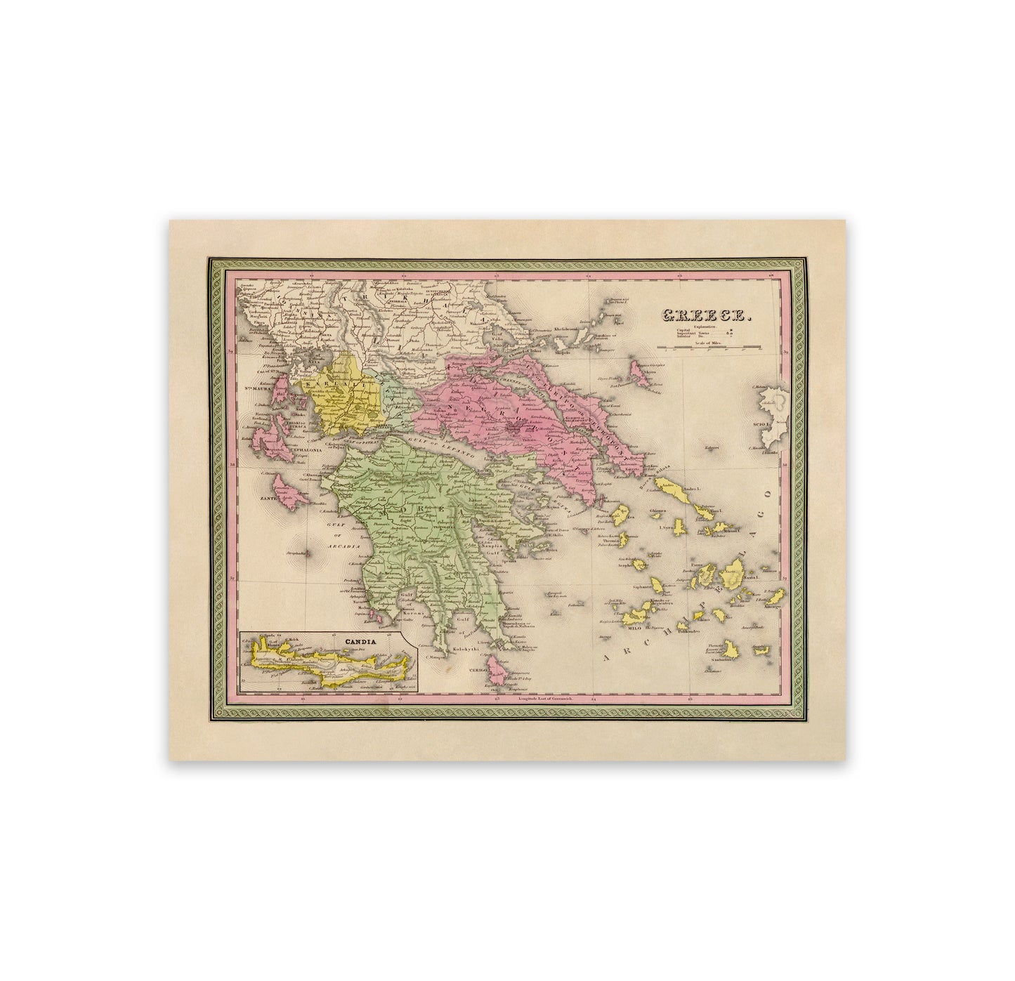 Vintage 1849 Greece Map Print - Old World Atlas with Regions and Cities