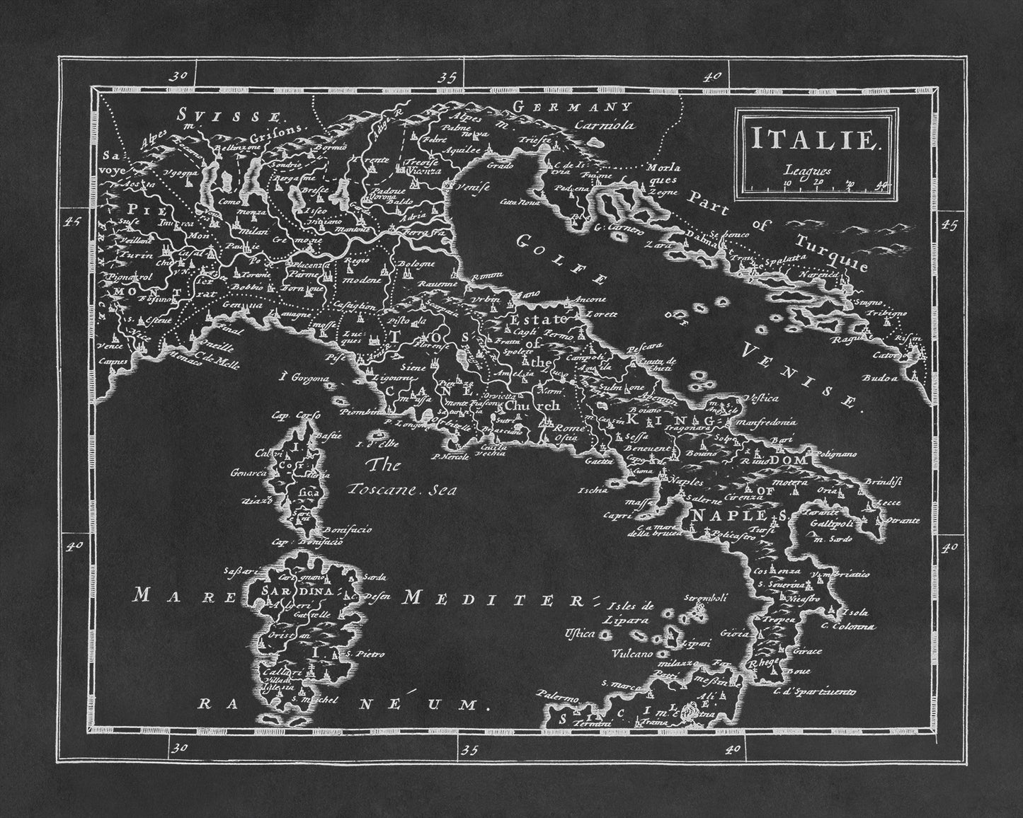 Vintage Italy Map Print - Old World Atlas Circa 1681 Featuring Regions and Cities