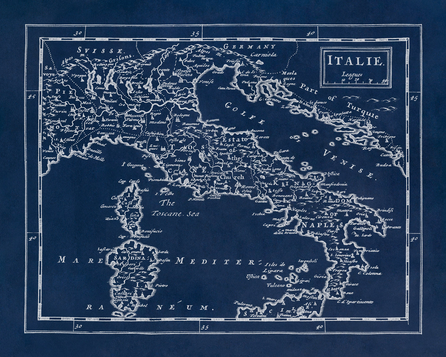 Vintage Italy Map Print - Old World Atlas Circa 1681 Featuring Regions and Cities