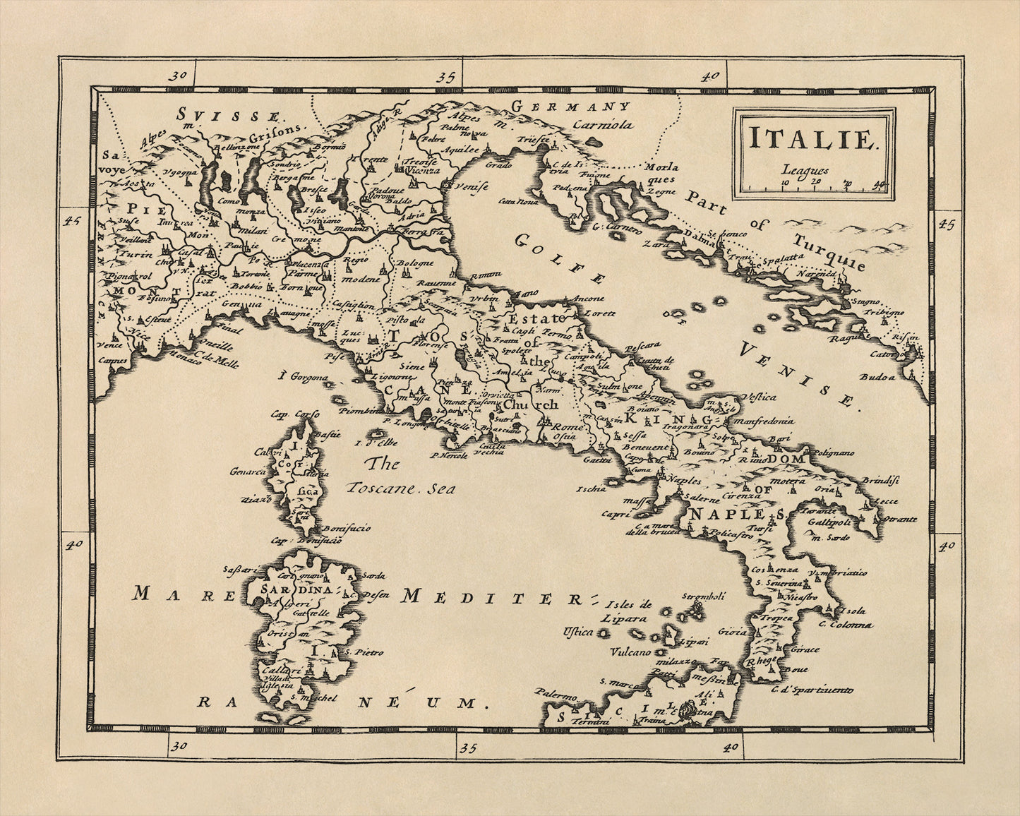 Vintage Italy Map Print - Old World Atlas Circa 1681 Featuring Regions and Cities