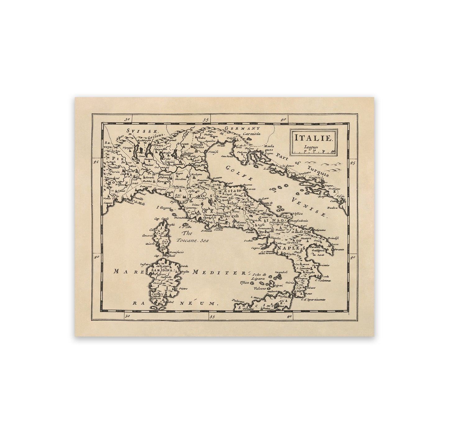 Vintage Italy Map Print - Old World Atlas Circa 1681 Featuring Regions and Cities