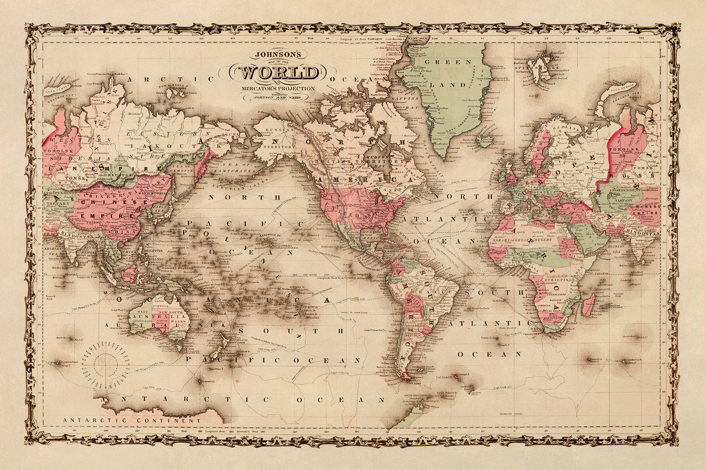 1862 Mercator Projection Old World Map Print on Archival Paper