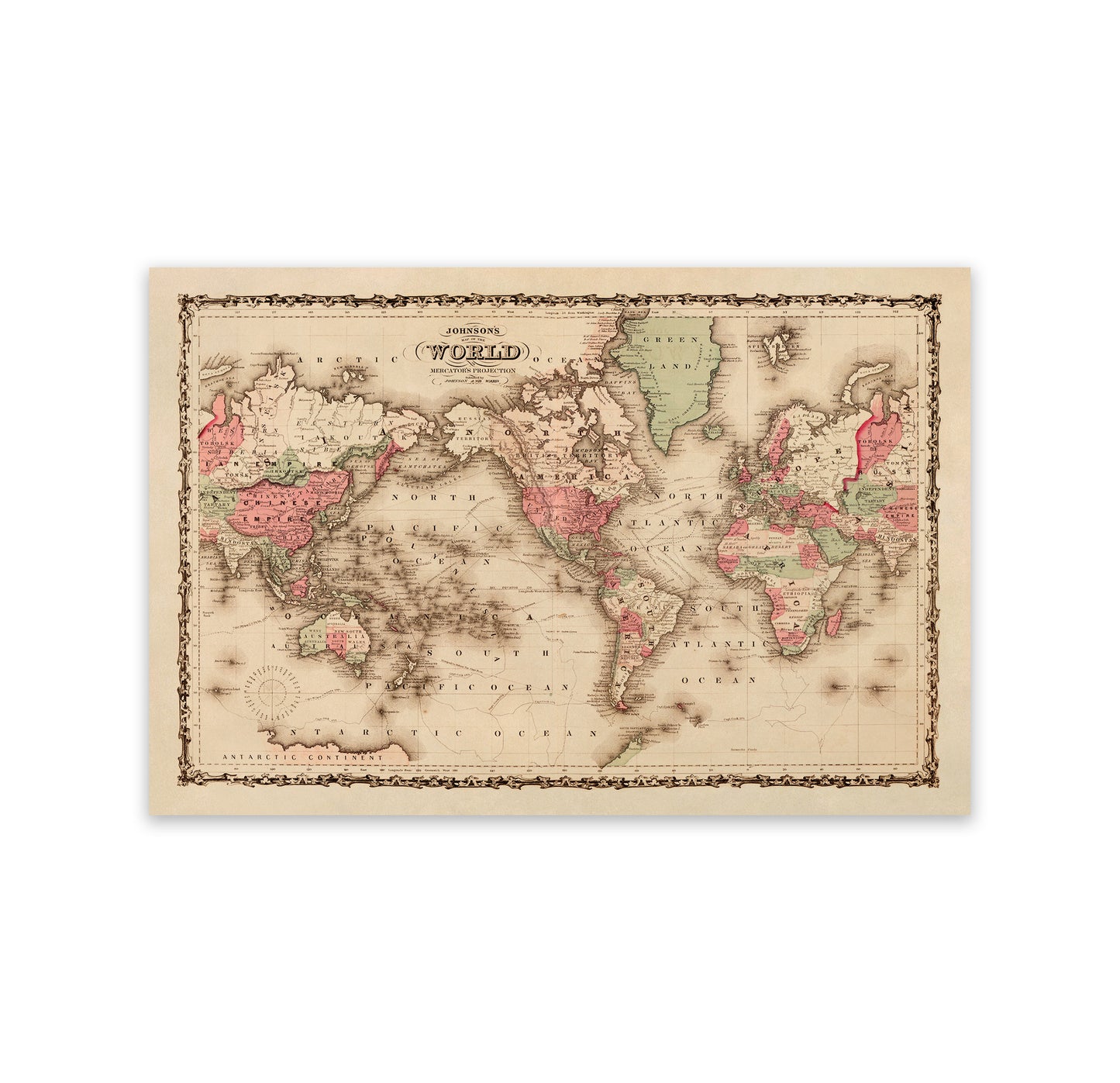 1862 Mercator Projection Old World Map Print on Archival Paper