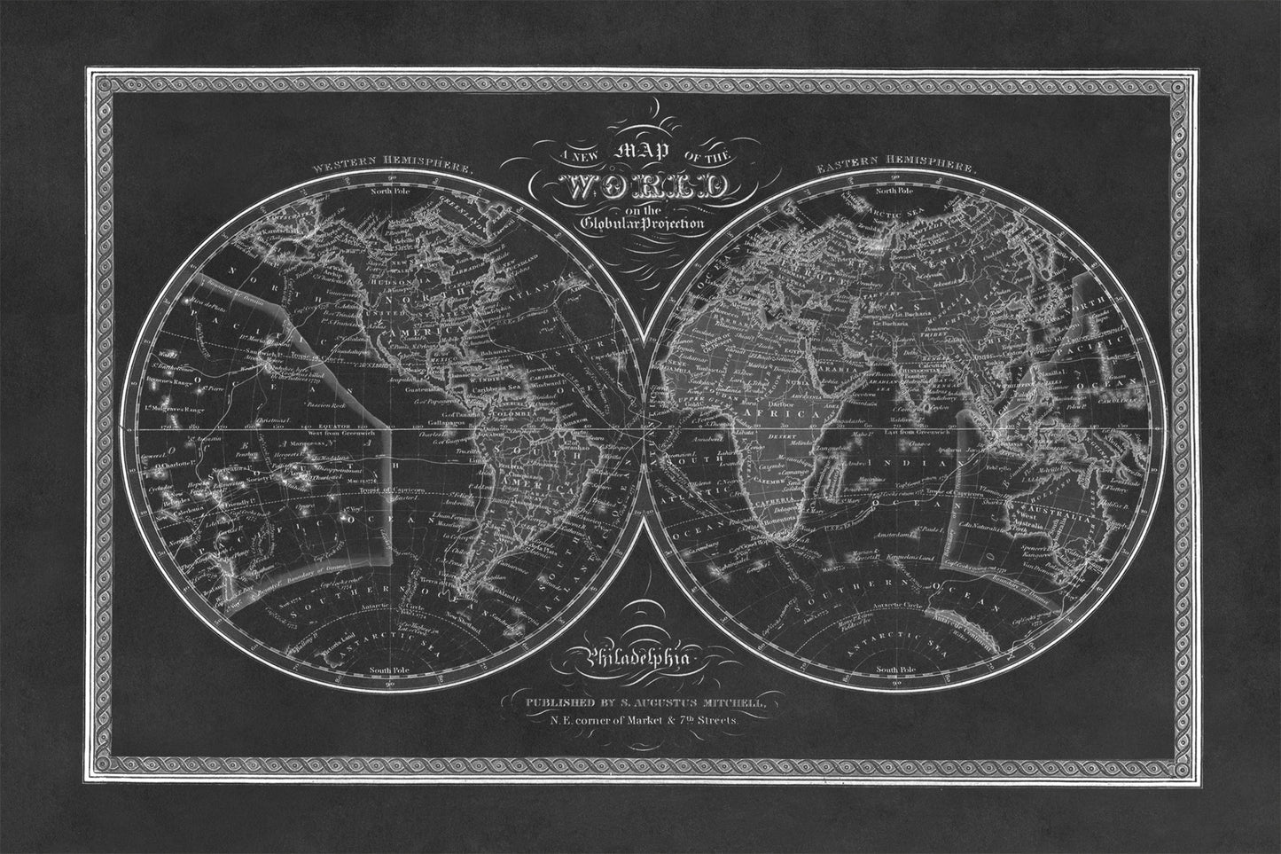 1849 Old World Map Print in Globular Projection - Vintage Hemispherical Design