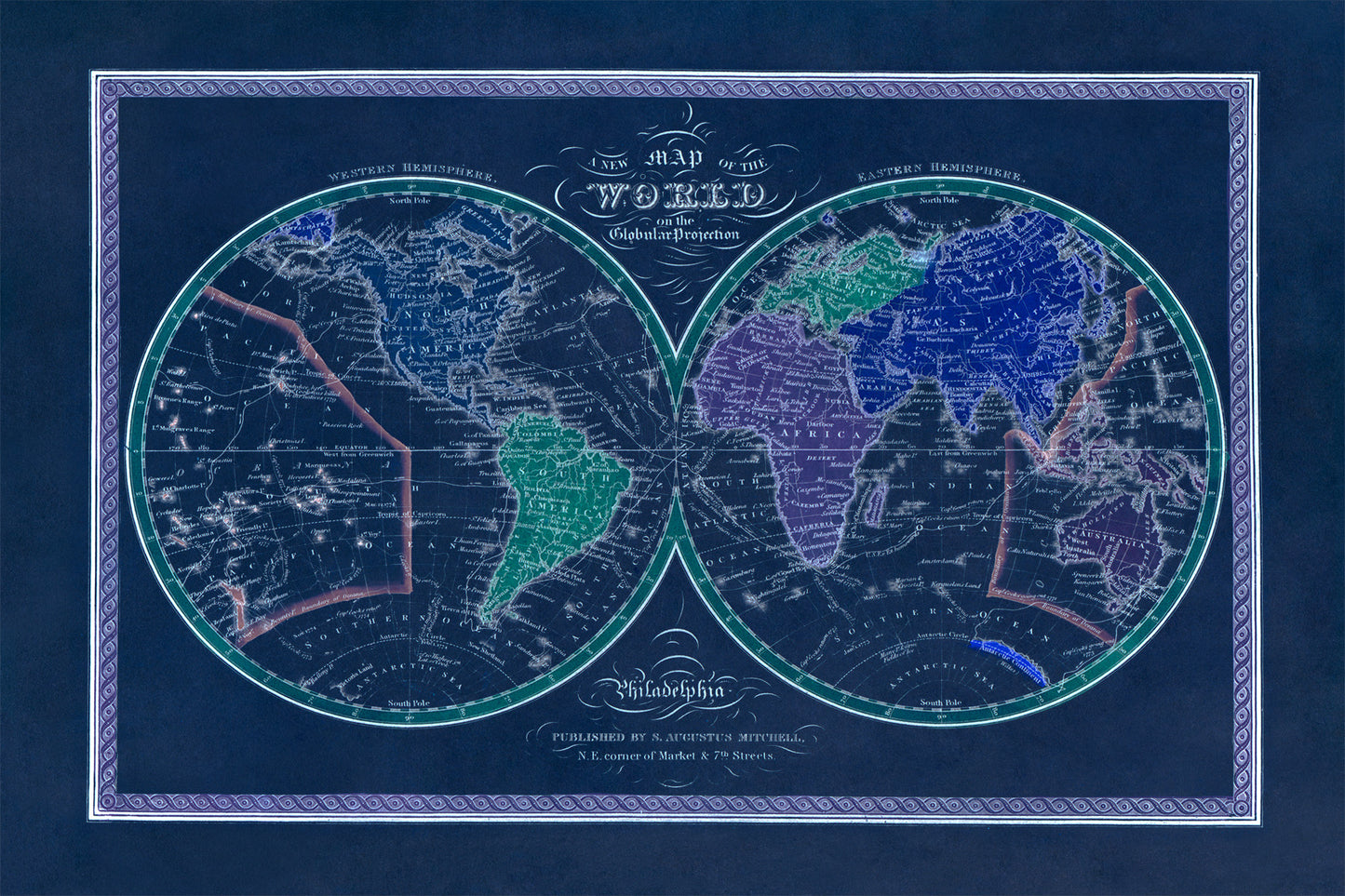 1849 Old World Map Print in Globular Projection - Vintage Hemispherical Design