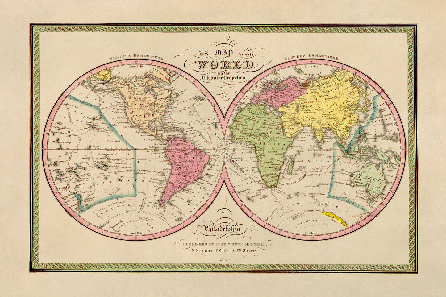 1849 Old World Map Print in Globular Projection - Vintage Hemispherical Design