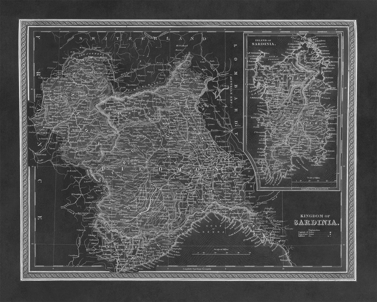 Old Map of Sardinia Print 1849