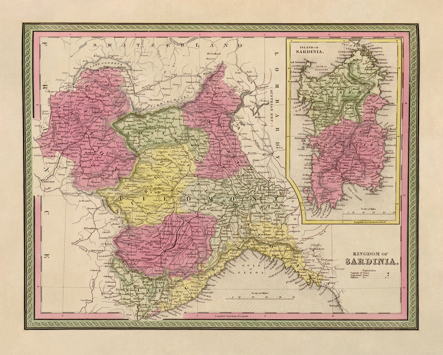 Old Map of Sardinia Print 1849