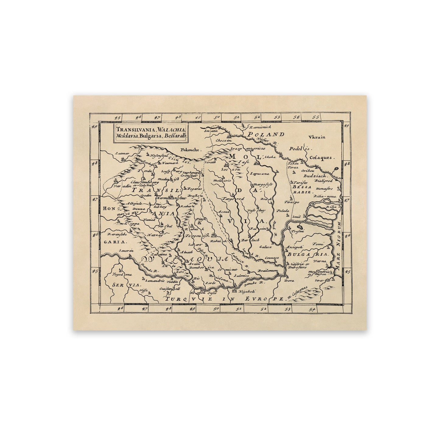 17th Century Vintage Map of Transylvania Romania - 1681 Old World Atlas Print
