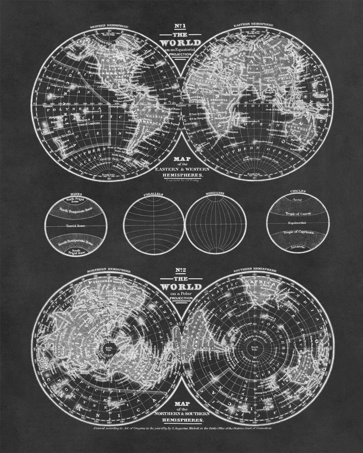 Vintage 1839 World Hemispheres Map Print - 19th Century Old World Atlas Art