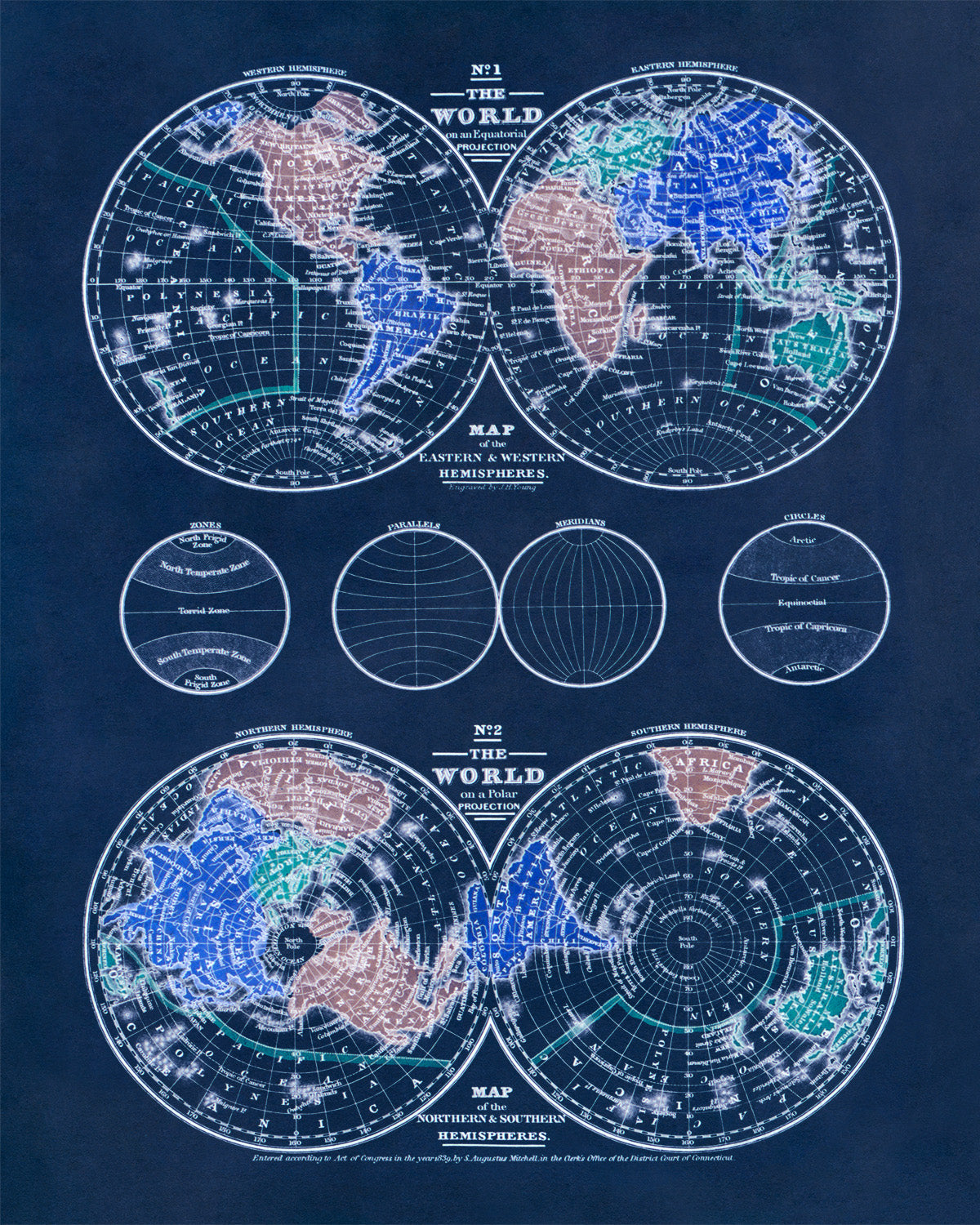 Vintage 1839 World Hemispheres Map Print - 19th Century Old World Atlas Art