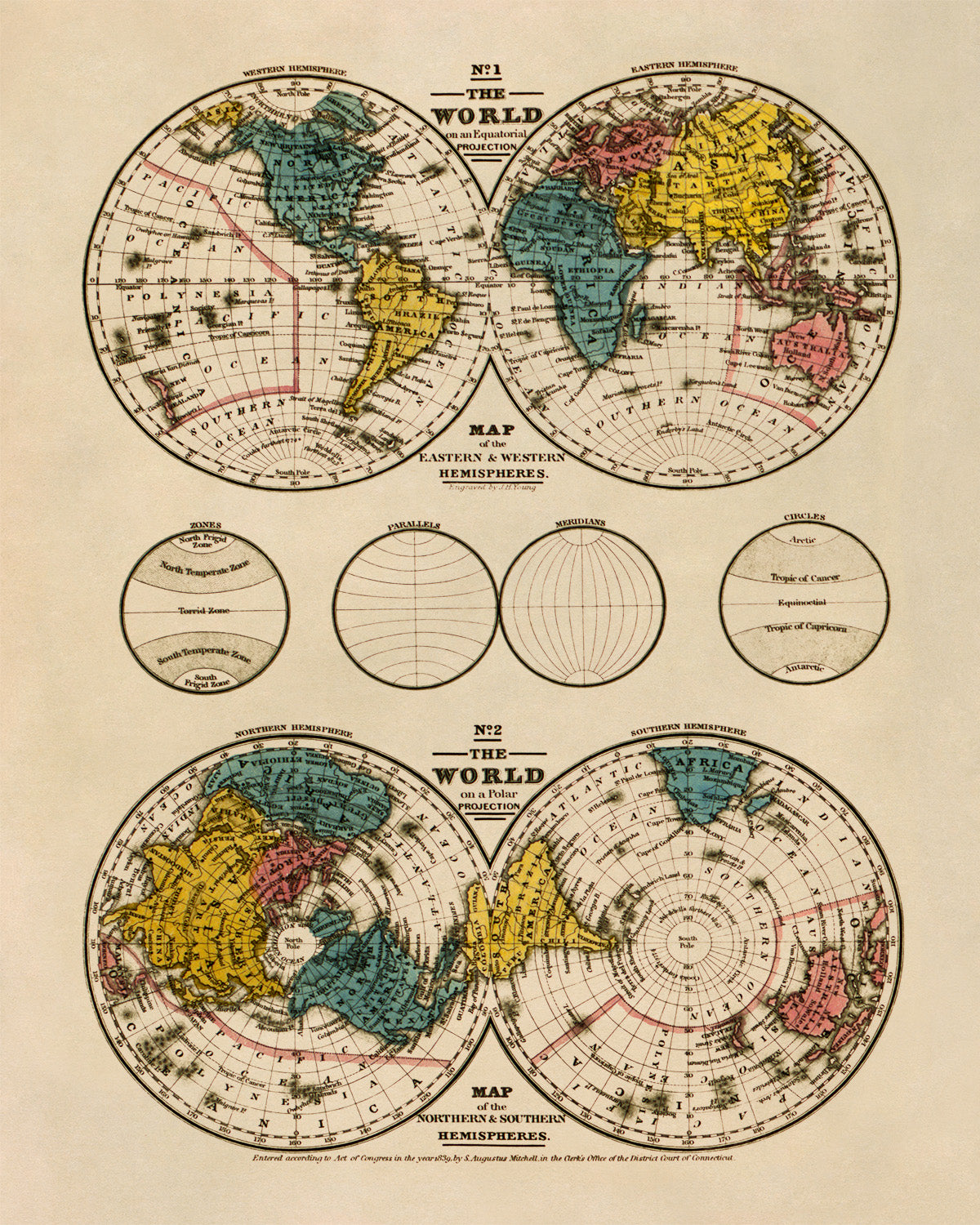 Vintage 1839 World Hemispheres Map Print - 19th Century Old World Atlas Art