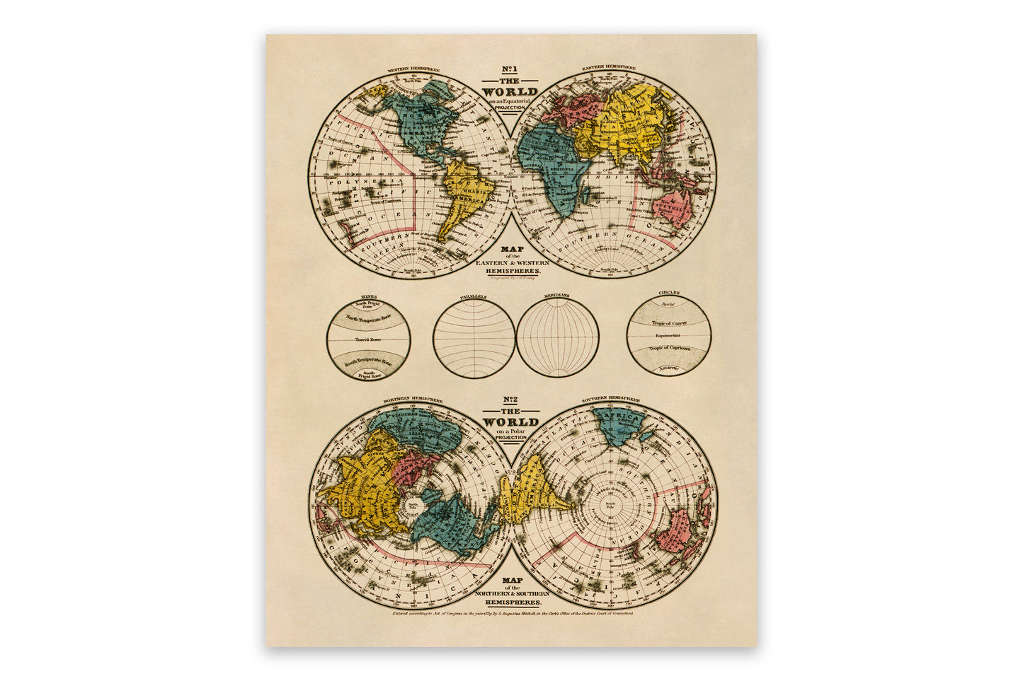 Vintage 1839 World Hemispheres Map Print - 19th Century Old World Atlas Art