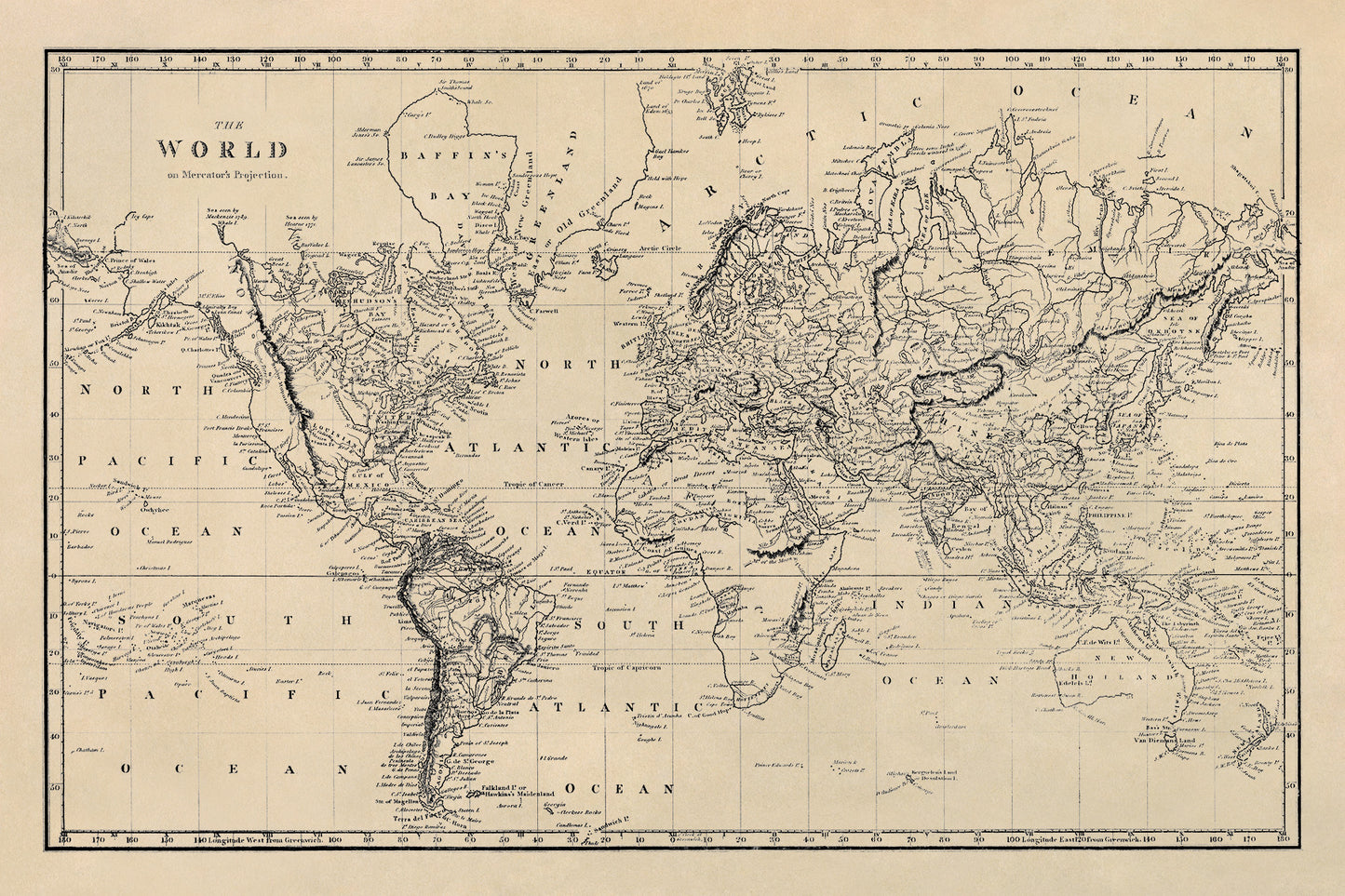 Mercator Projection World Map Print Circa 1810 on Archival Paper