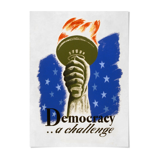 a hand holding a torch with flames, set against a blue background with white stars. The text below the image reads "Democracy...a challenge".