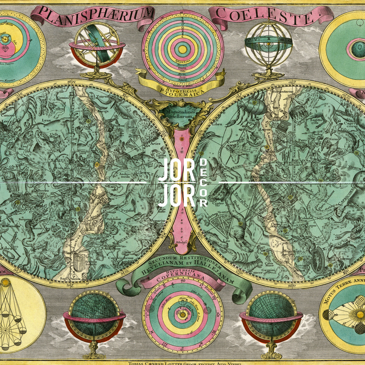 The image is a colorful and detailed vintage map of the world, featuring various celestial objects and symbols.