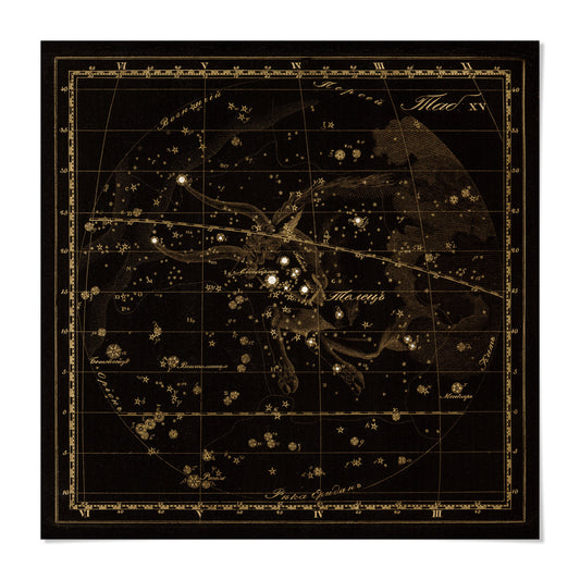 The image is a detailed star map of the night sky, featuring various celestial objects such as stars, planets, and other celestial bodies. The map is framed with a black border and has a gold-colored background, giving it an antique or vintage appearance. The map includes labels and descriptions for the different celestial objects, providing a comprehensive visual representation of the night sky.
