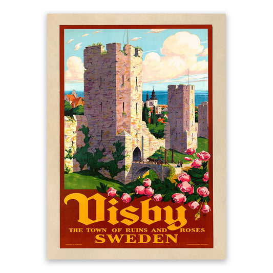 The image is a vintage poster advertising the town of Disby, Sweden. It features a castle surrounded by lush greenery and pink flowers, with a clear blue sky in the background.
