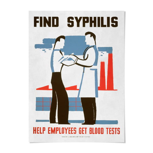 The image is a poster with a stylized illustration of two people shaking hands, accompanied by the text "FIND SYPHILIS" and "HELP EMPLOYEES GET BLOOD TESTED".
