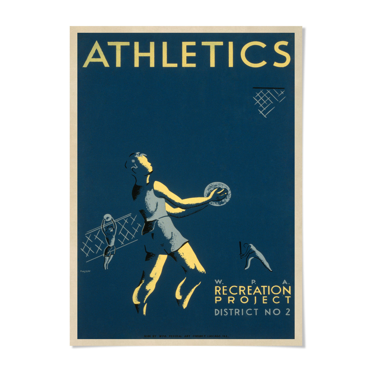 The image is a poster for the "Recreation Project" in the "District No 2" area, featuring an illustration of a person playing volleyball.