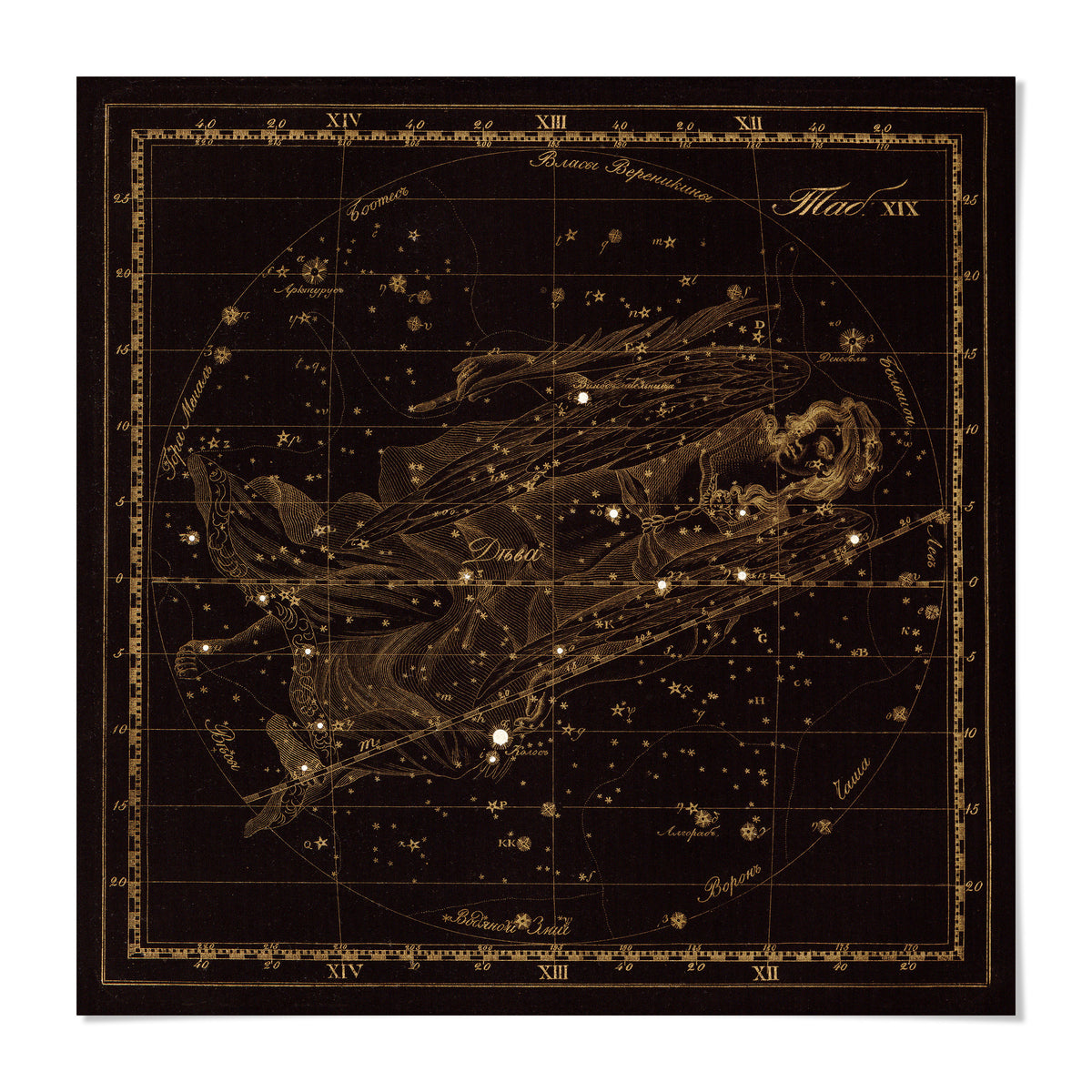The image is a detailed star chart depicting the constellation of the zodiac, with various stars and celestial bodies represented.