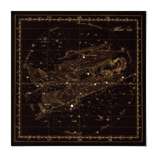 The image is a detailed star chart depicting the constellation of the zodiac, with various stars and celestial bodies represented.