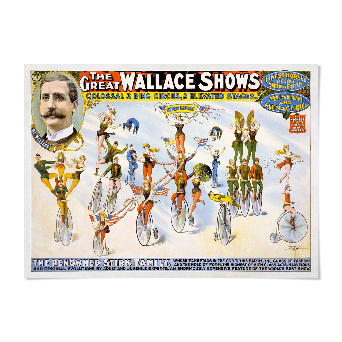 The image is a vintage poster advertising the Wallace shows, featuring a variety of circus performers on bicycles and other circus acts.