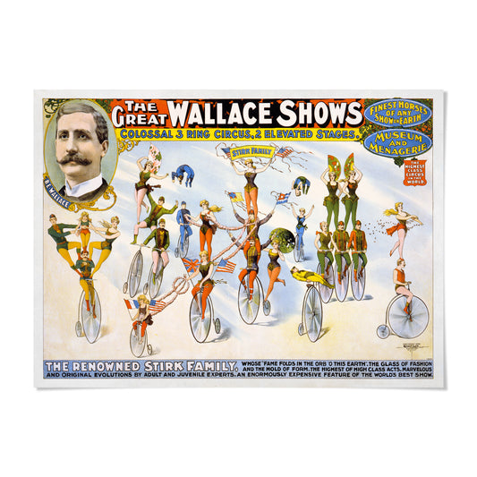 The image is a vintage poster advertising the Wallace shows, featuring a variety of circus performers on bicycles and other circus acts.
