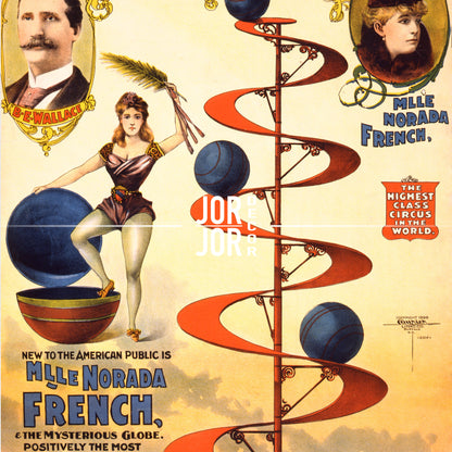 The image is a vintage circus poster featuring a woman in a red dress performing a trick on a large blue ball, with a man in a suit standing next to her. The poster includes text that describes the circus as "the highest class circus in the world" and features a woman in a red dress and a man in a suit.