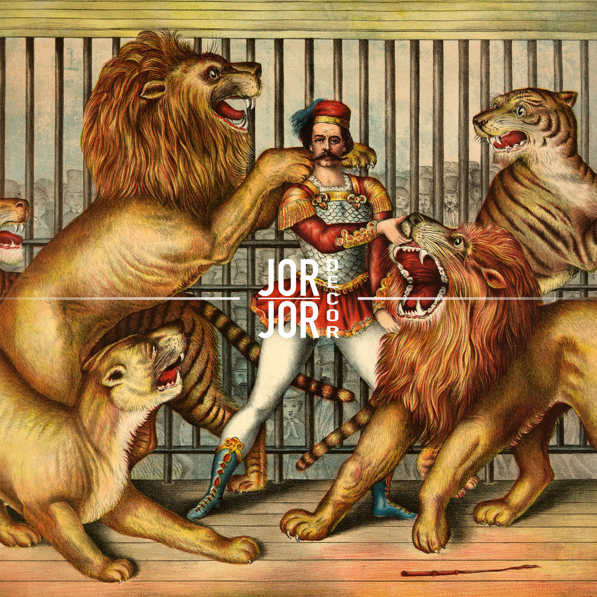 a man in a circus ring surrounded by lions and tigers, with the man appearing to be in a fighting stance.