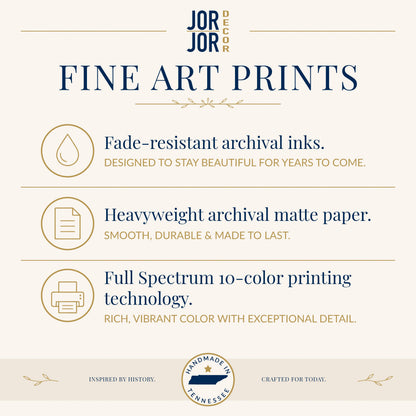 The image is an advertisement for fine art prints, highlighting their features such as fade-resistant archival inks, heavyweight archival matte paper, and full spectrum 10-color printing technology.