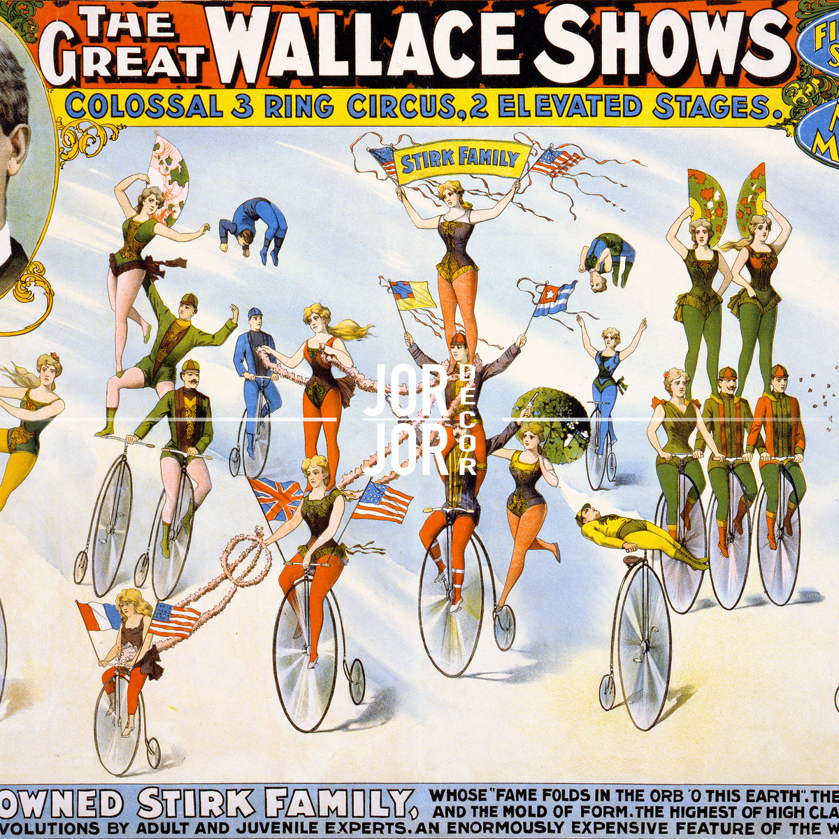 The image is a vibrant and colorful illustration of a circus performance, featuring a variety of circus performers on bicycles and other circus equipment.