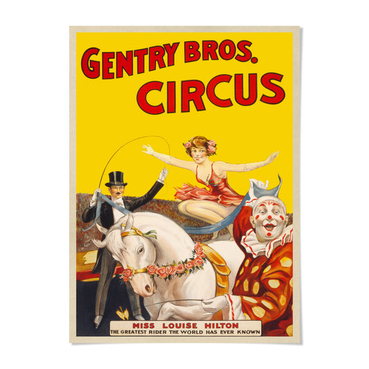 The image is a vintage circus poster featuring a man in a top hat and tails riding a white horse, with a woman in a red dress performing on a circus platform.