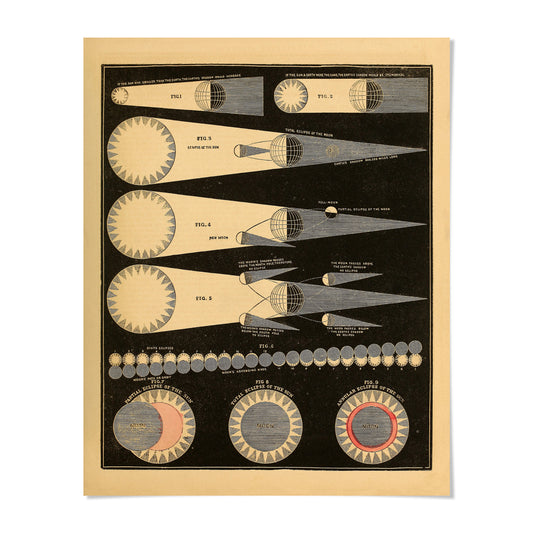 The image is a vintage illustration depicting various celestial events, including the phases of the moon, solar eclipse, and meteor showers.