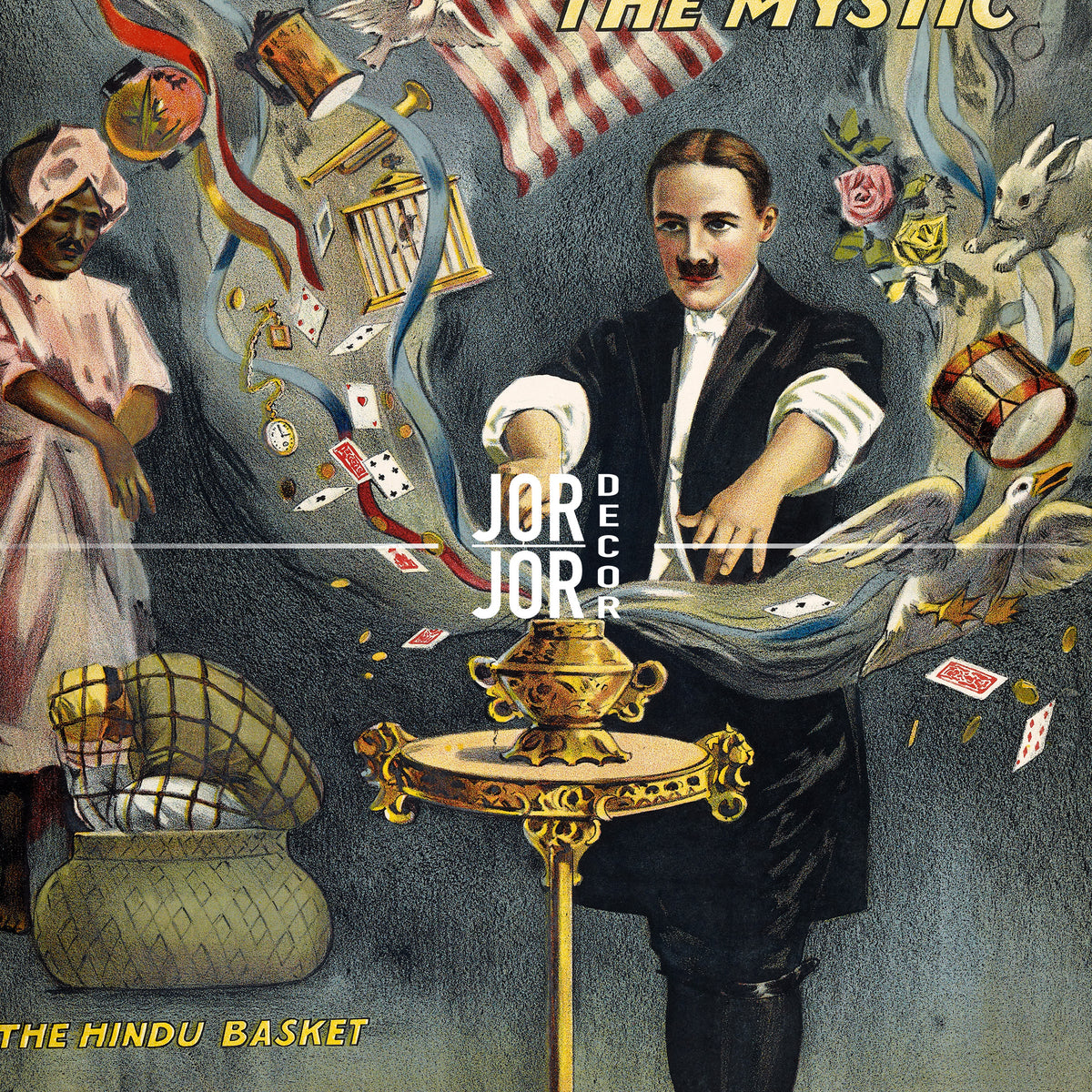 The image is a vintage poster featuring a man in a suit performing a magic trick with a golden object, surrounded by various objects and a woman in a pink dress.