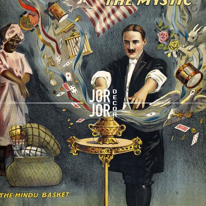 The image is a vintage poster featuring a man in a suit performing a magic trick with a golden object, surrounded by various objects and a woman in a pink dress.
