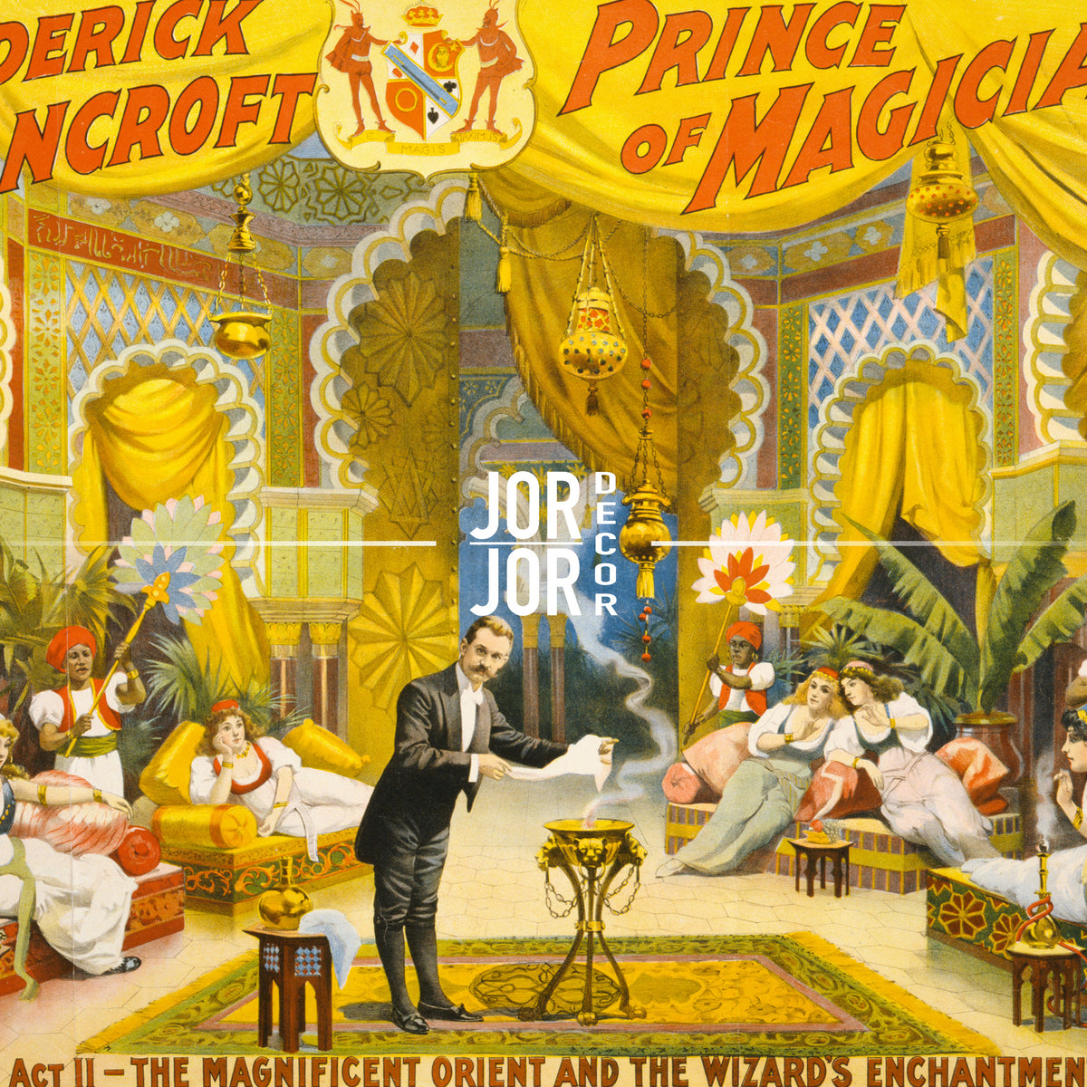 The image is a colorful and ornate illustration featuring a man in a suit performing a magic trick in a grand, opulent room with various objects and figures, including a woman in a red dress and a man in a suit.