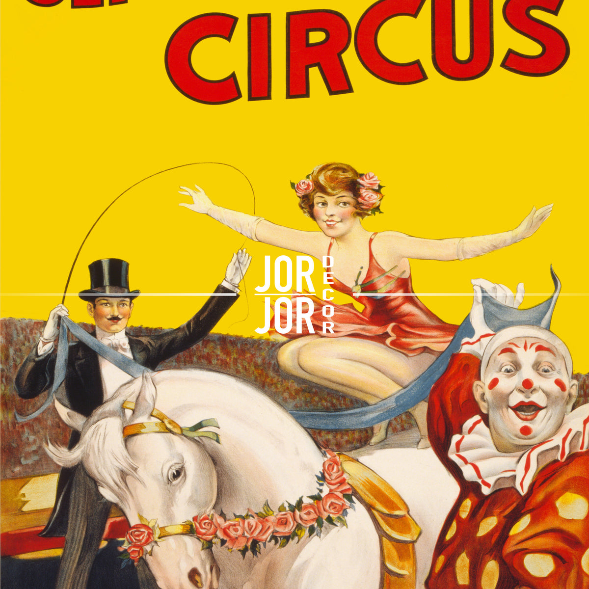 The image is a vintage circus poster featuring a man in a top hat and tails riding a white horse, with a woman in a red dress and flower in her hair performing on a circus platform.