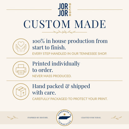 The image is a promotional graphic for a company called JOR Decor, which emphasizes the importance of custom-made products. It features three icons representing 100% in-house production, printing individually to order, and hand-packed with care. The company is inspired by history and is crafted for today, as indicated by the text.